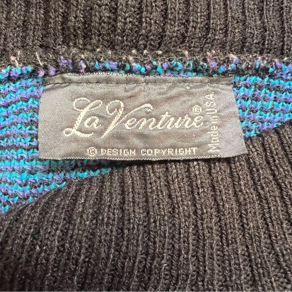 La Venture Vintage Abstract Jacquard Cozy 80’s Teal Black Purple Sweater - Picture 9 of 9